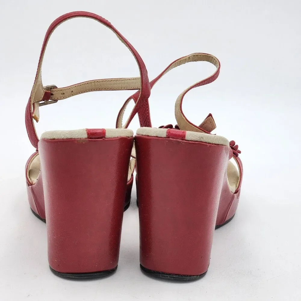 Ophelie Y2K 90s Flower Leather Platform Wedge Heel Sandals Red Size 38 EU RARE